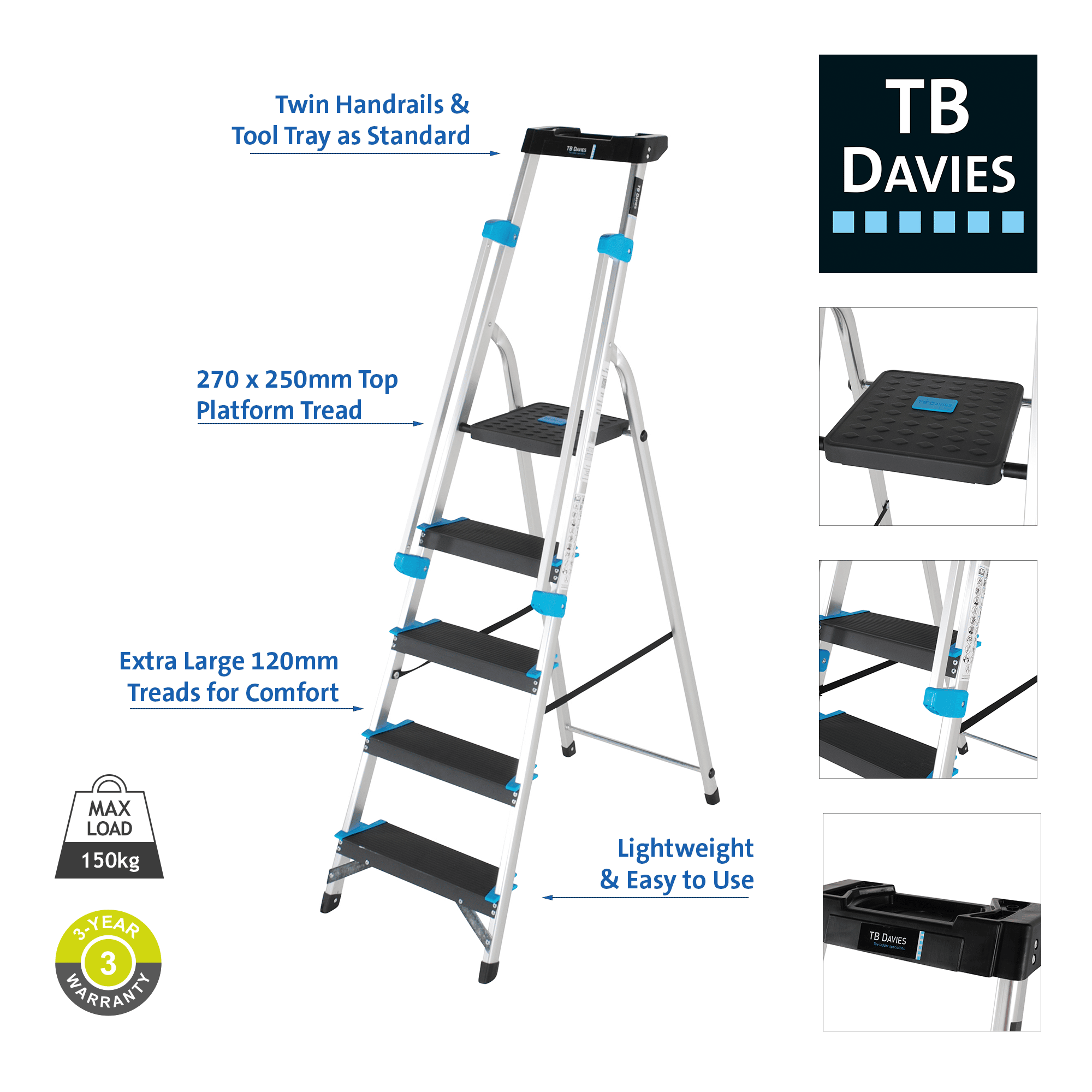 TB Davies 7 Tread Premier XL Platform Step Lightweight Plus Durable Ladder 