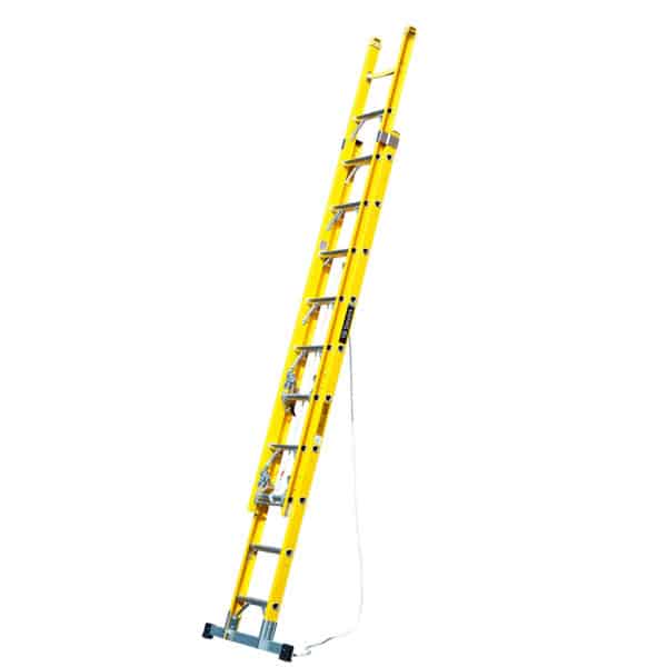 Fibreglass Rope-operated extension ladder, deployed, ready to climb