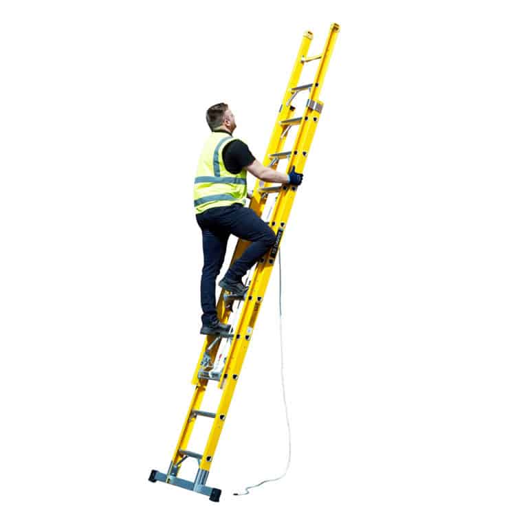 Man climbing a Fibreglass Rope-operated extension ladder